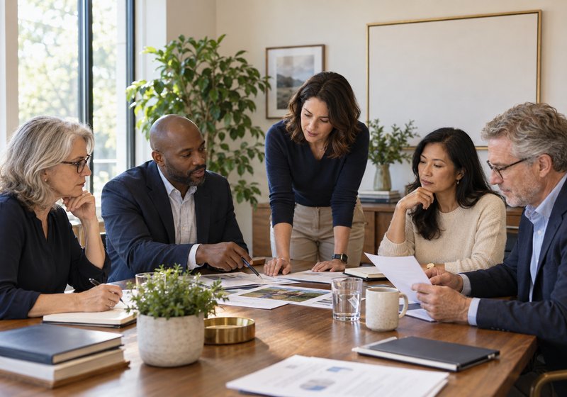 A nonprofit board reviewing a report around a conference table
