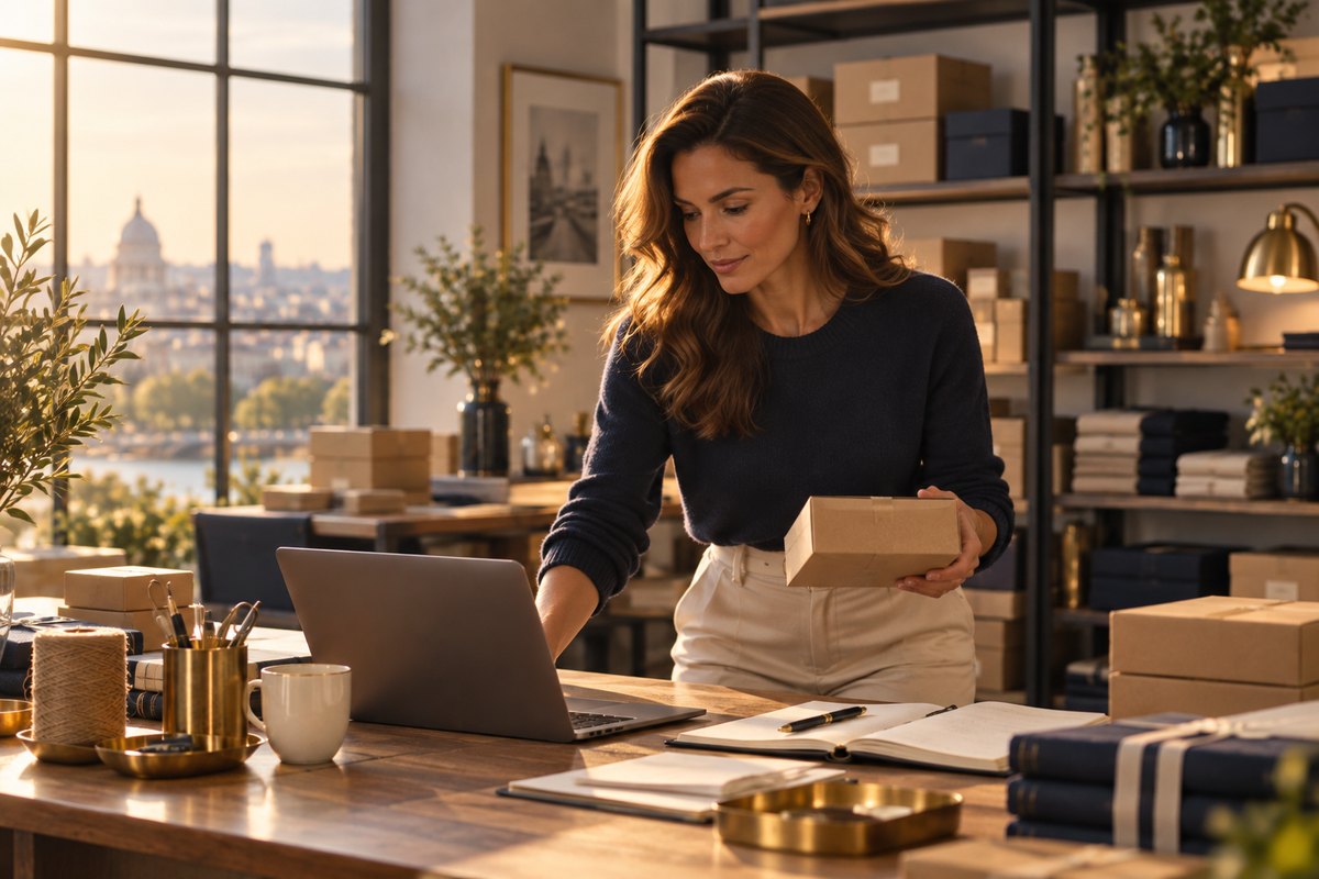 A small-business owner packing an order at her workbench, laptop open and stock on the shelves behind